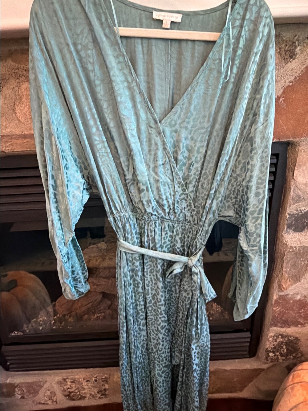 New York & Company Seafoam Satin Wrap Robe with Subtle Leopard Jacquard